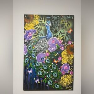 Vibrant Peacock Art with Purple and Yellow Accents